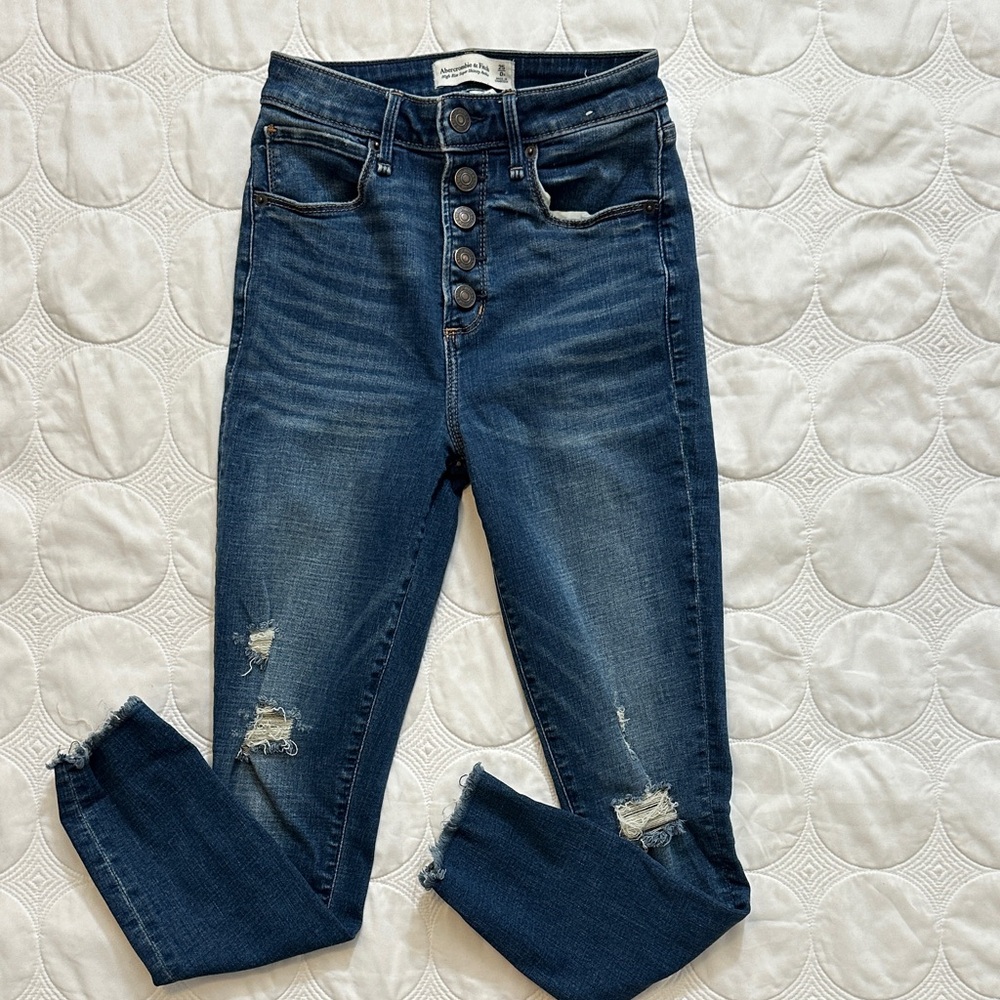 Abercrombie & Fitch Distressed Dark Blue Ankle Jeans